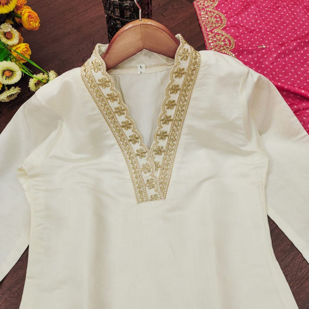 WHITE EMBROIDERY WORK STRAIGHT DRESS