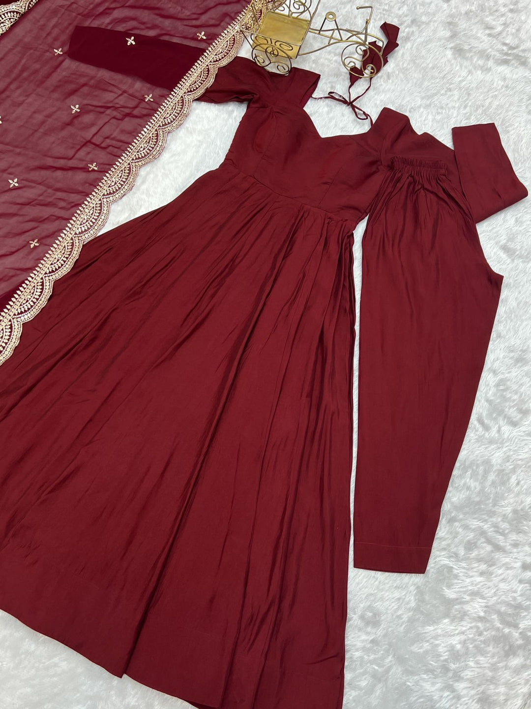 Maroon Colour Roman Silk Chanderi Plain Anarkali Kurti