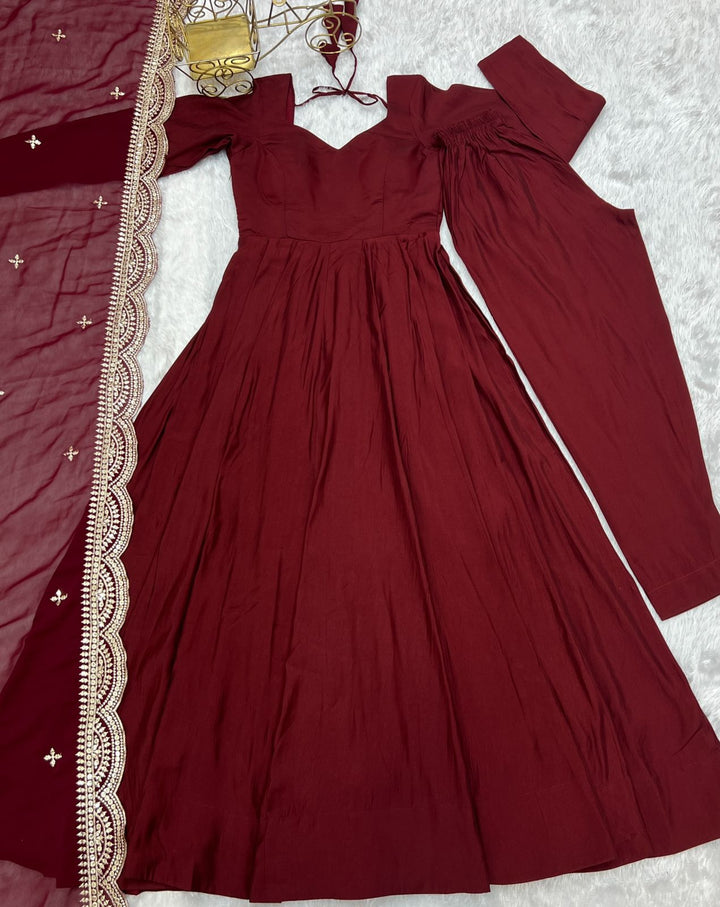 Maroon Colour Roman Silk Chanderi Plain Anarkali Kurti