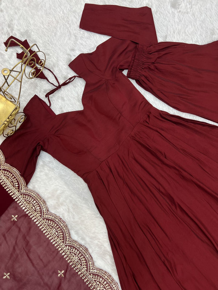 Maroon Colour Roman Silk Chanderi Plain Anarkali Kurti