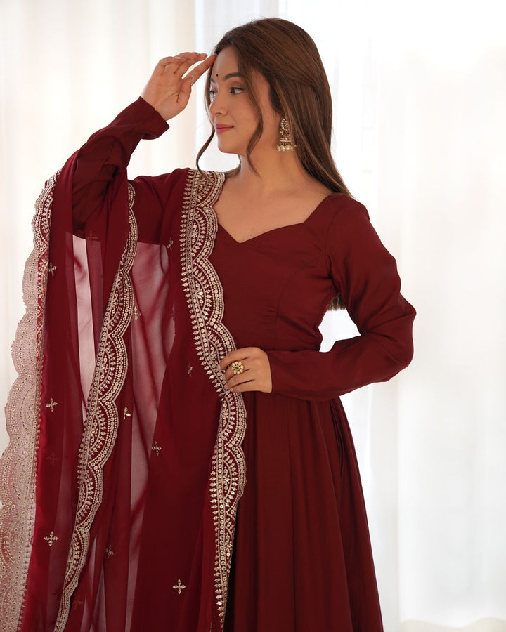 Maroon Colour Roman Silk Chanderi Plain Anarkali Kurti