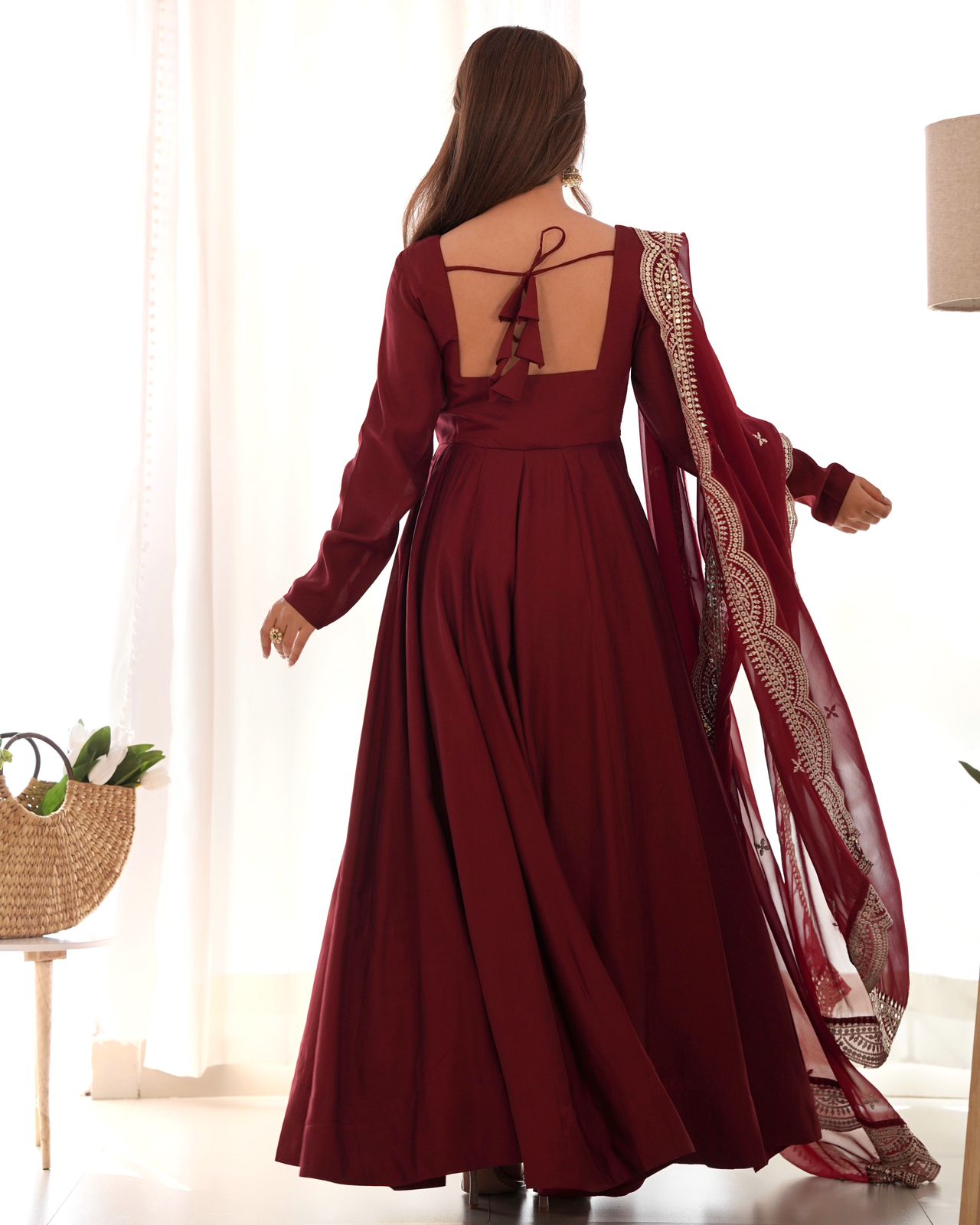 Maroon Colour Roman Silk Chanderi Plain Anarkali Kurti Inaaya Store