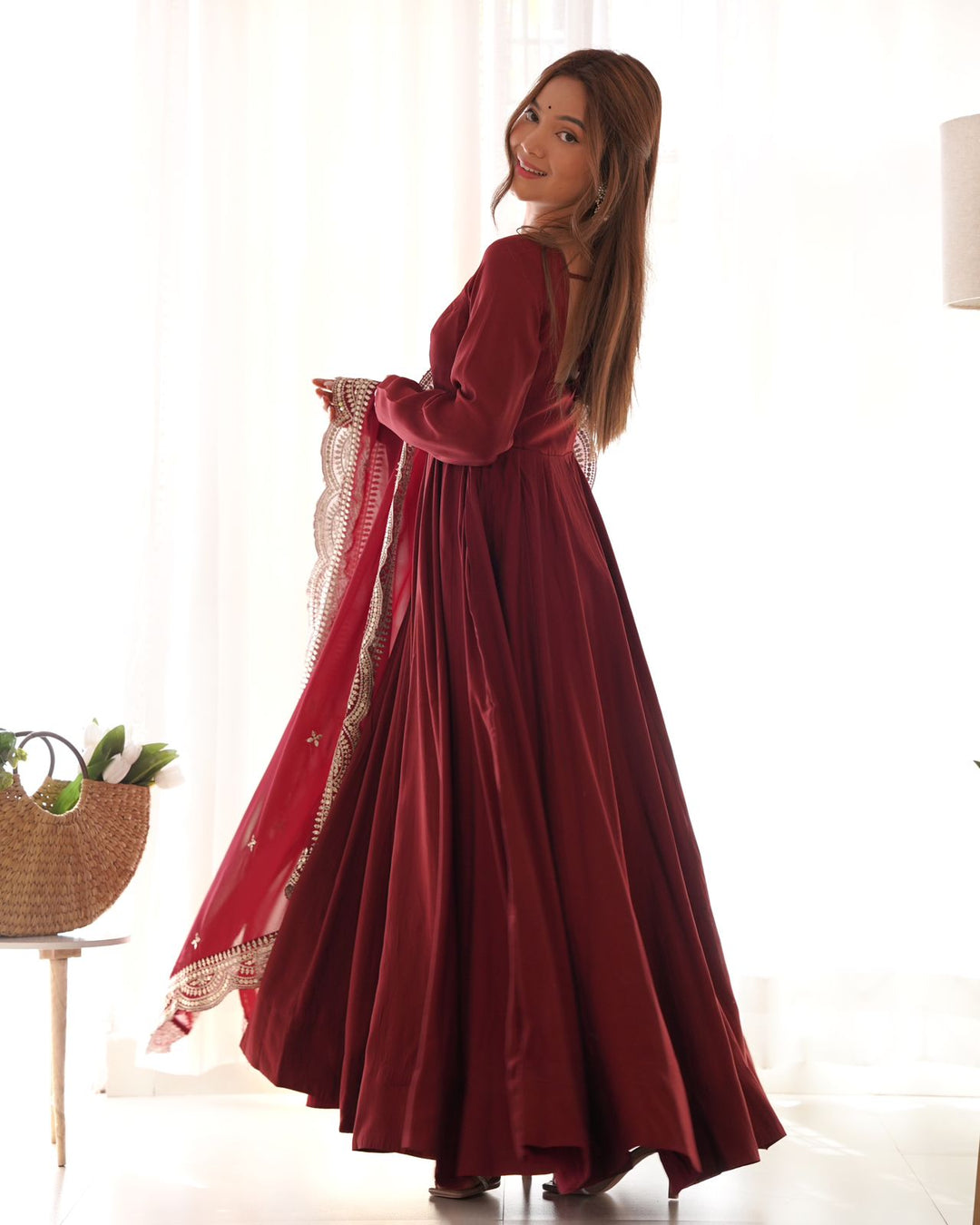 Maroon Colour Roman Silk Chanderi Plain Anarkali Kurti