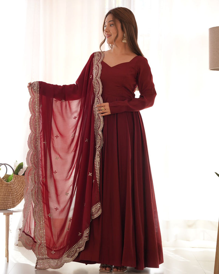 Maroon Colour Roman Silk Chanderi Plain Anarkali Kurti