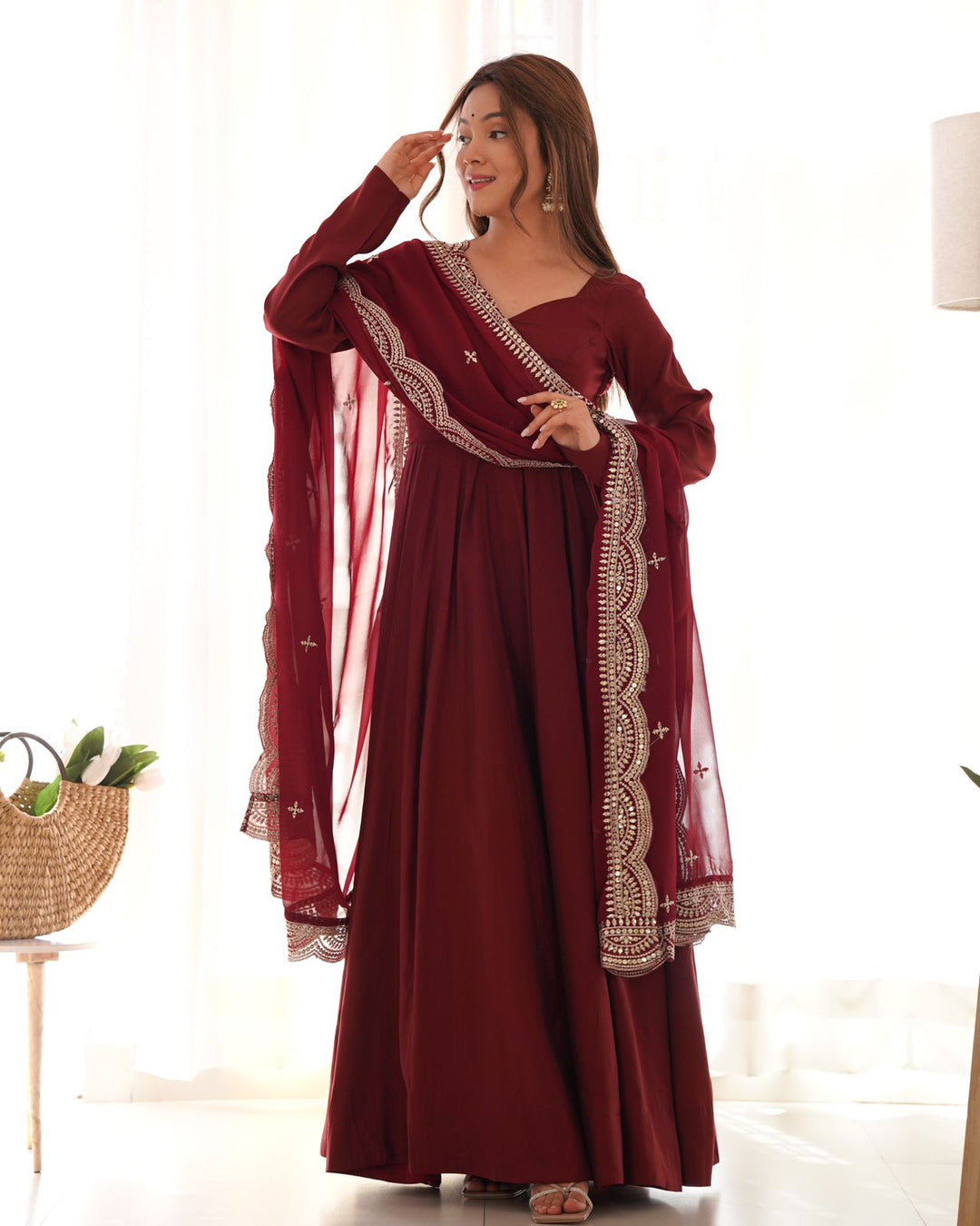 Maroon Colour Roman Silk Chanderi Plain Anarkali Kurti