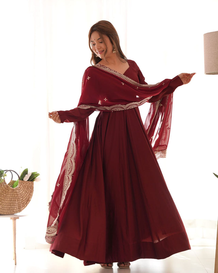 Maroon Colour Roman Silk Chanderi Plain Anarkali Kurti