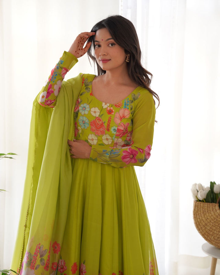 Floral Organza Anarkali With Dupatta And Pant