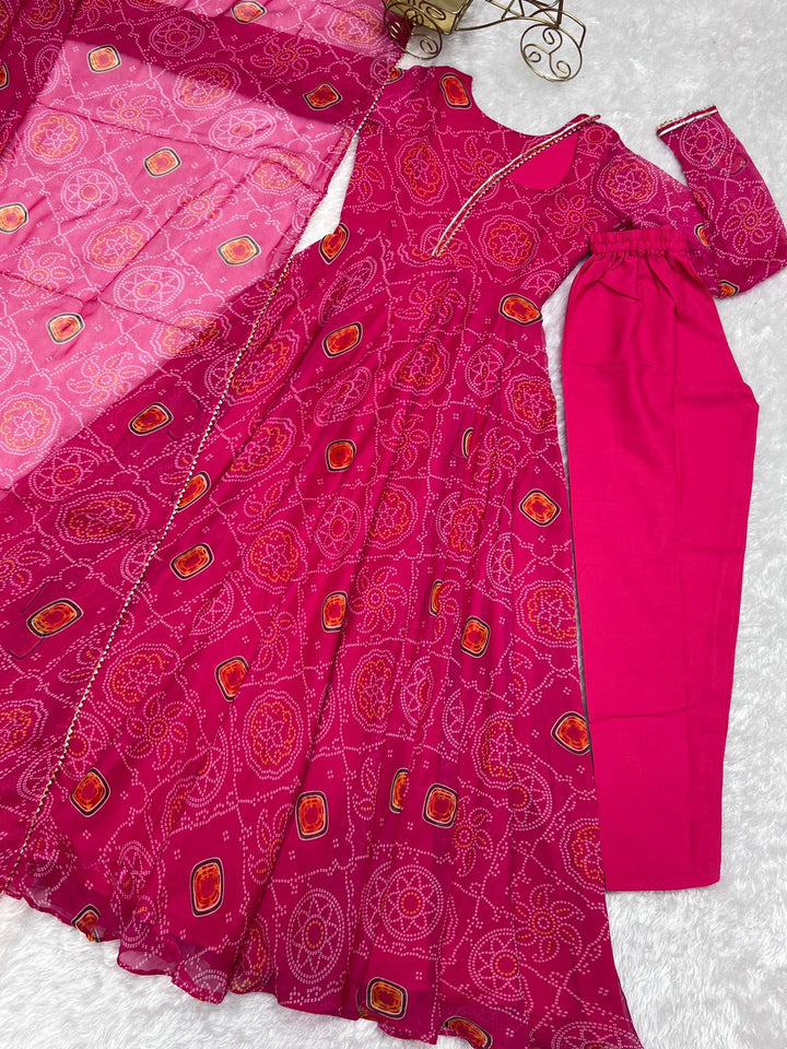 Pink Georgette Print Work Anarkali Gown With Dupatta