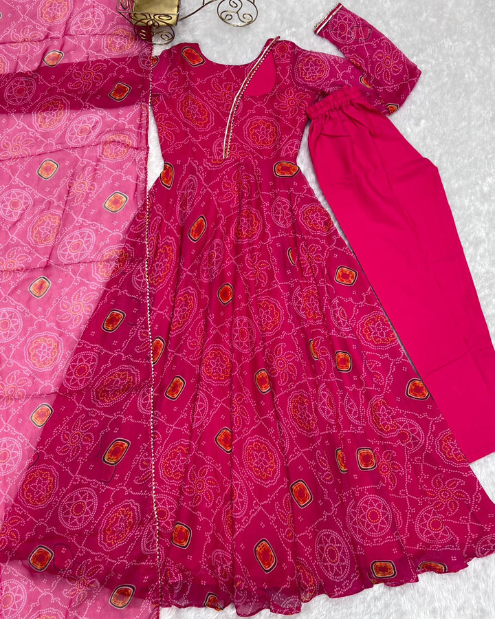 Pink Georgette Print Work Anarkali Gown With Dupatta