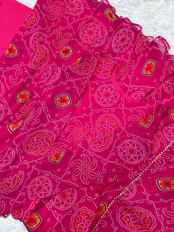 Pink Georgette Print Work Anarkali Gown With Dupatta