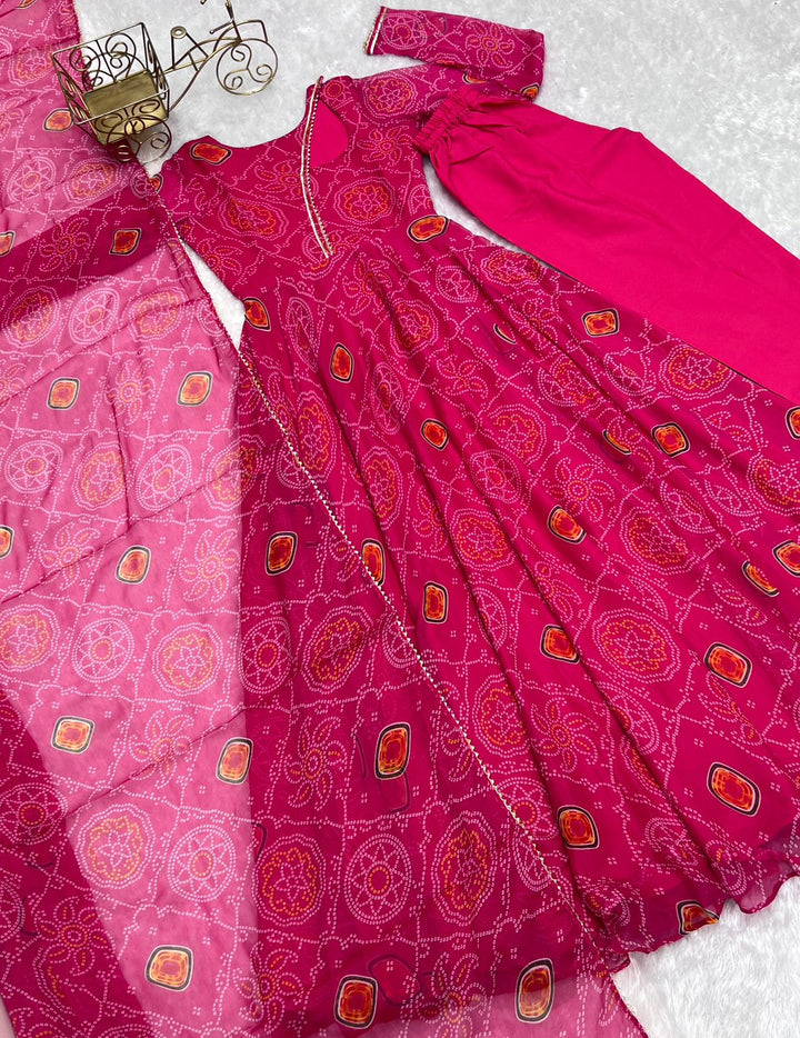 Pink Georgette Print Work Anarkali Gown With Dupatta