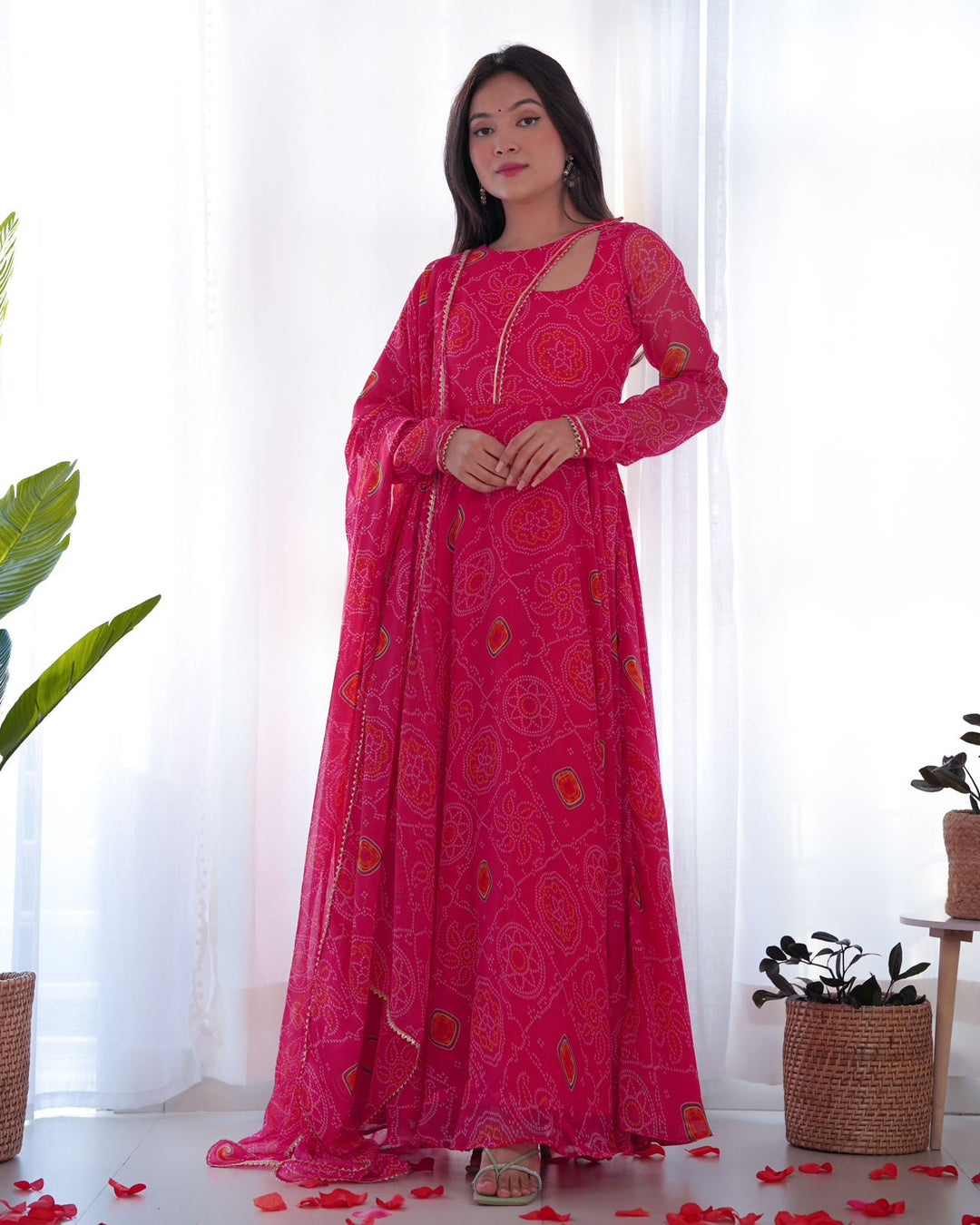 Pink Georgette Print Work Anarkali Gown With Dupatta