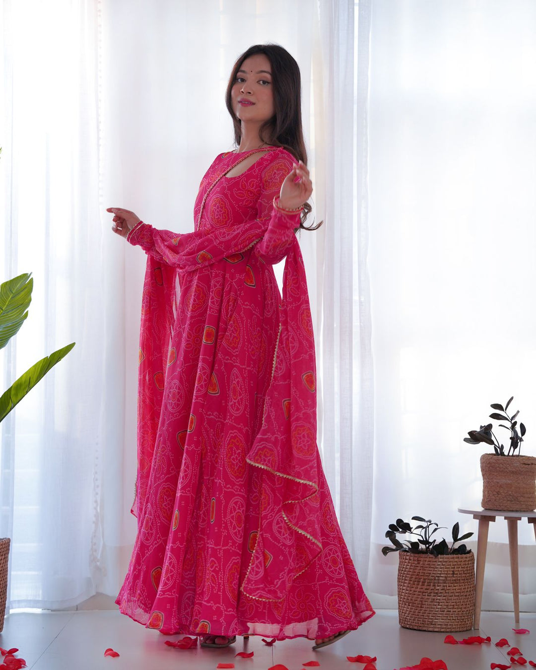 Pink Georgette Print Work Anarkali Gown With Dupatta