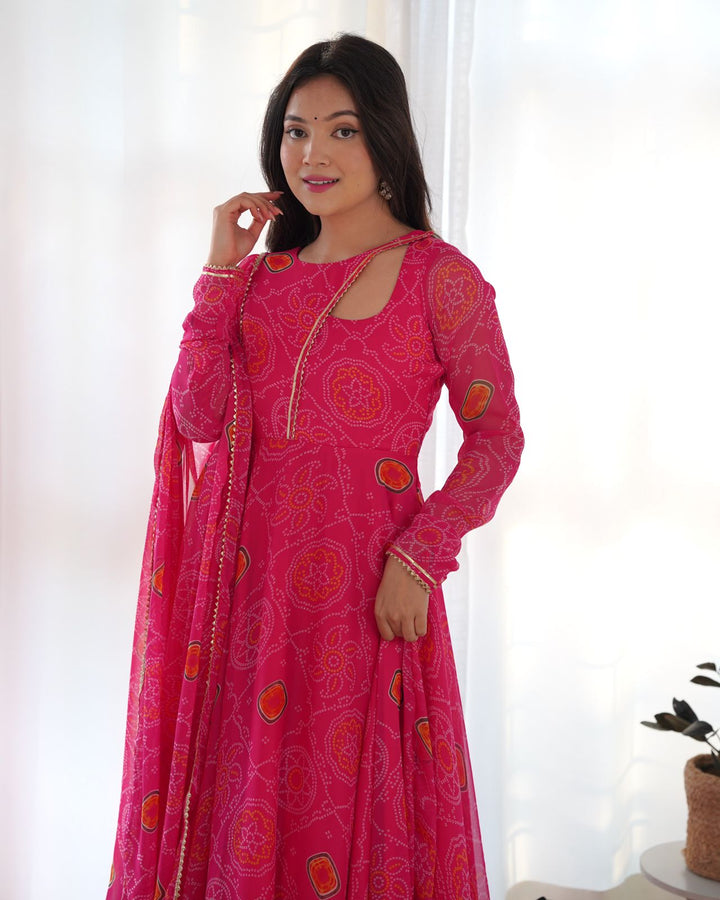 Pink Georgette Print Work Anarkali Gown With Dupatta