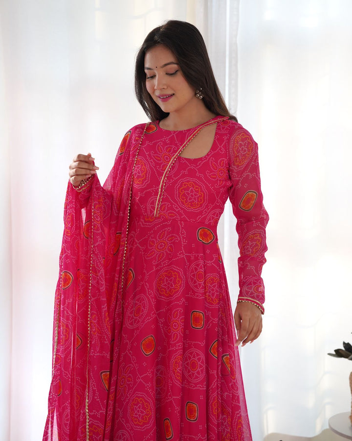 Pink Georgette Print Work Anarkali Gown With Dupatta