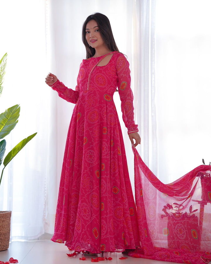 Pink Georgette Print Work Anarkali Gown With Dupatta