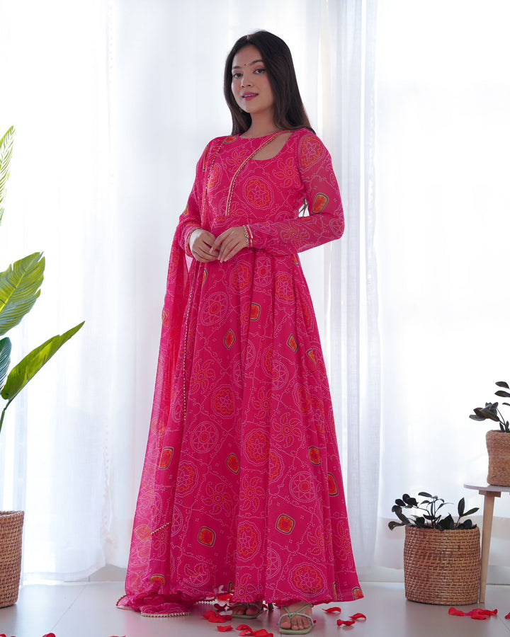 Pink Georgette Print Work Anarkali Gown With Dupatta