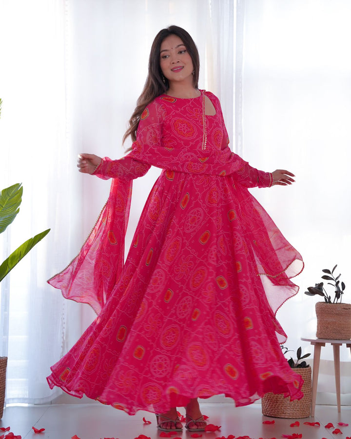 Pink Georgette Print Work Anarkali Gown With Dupatta