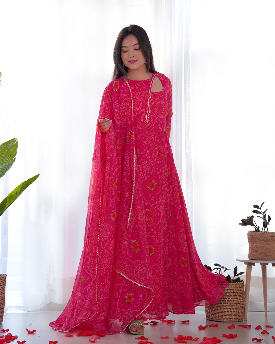 Pink Georgette Print Work Anarkali Gown With Dupatta