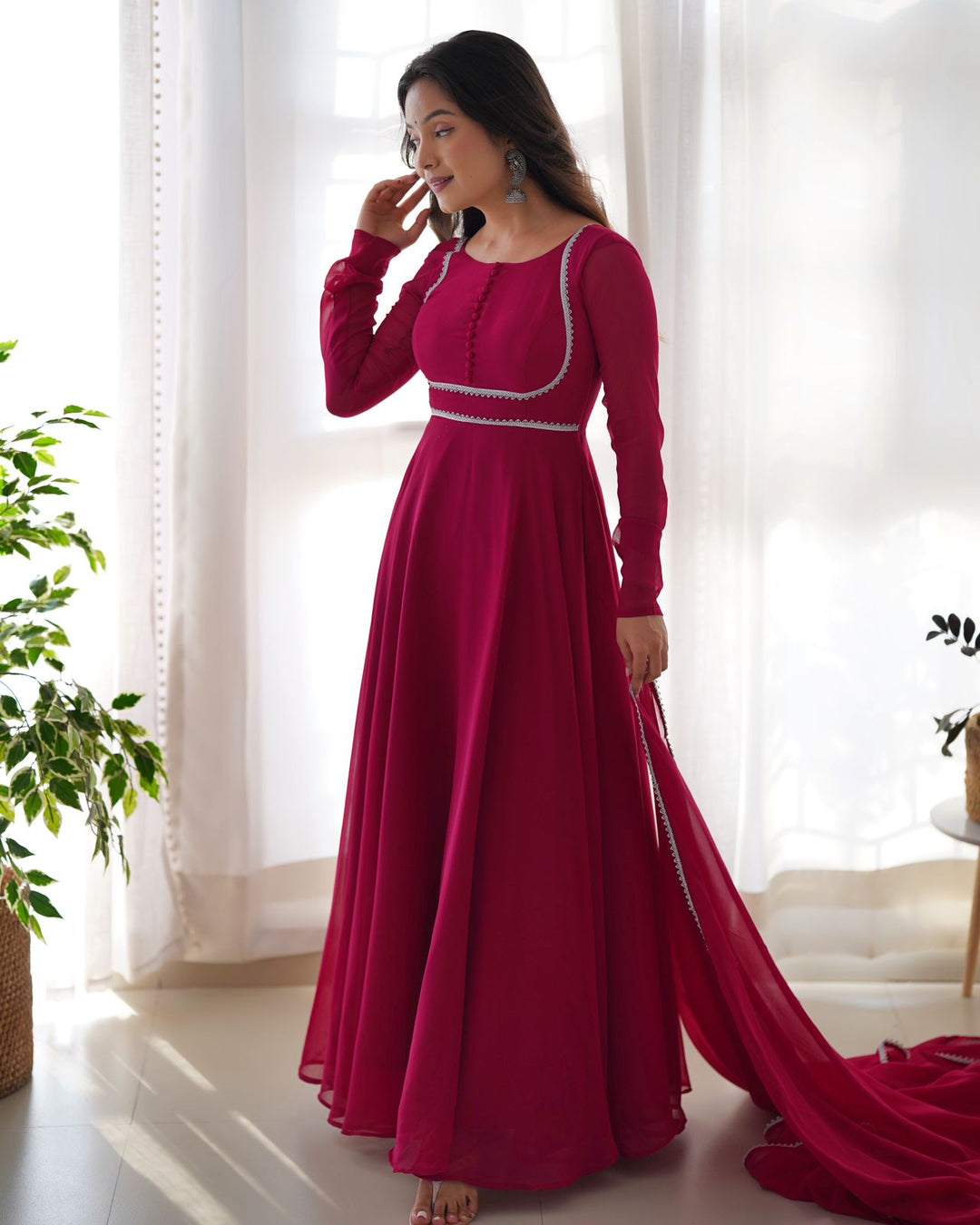 Georgette Anarkali Fluorescent Pink Gown