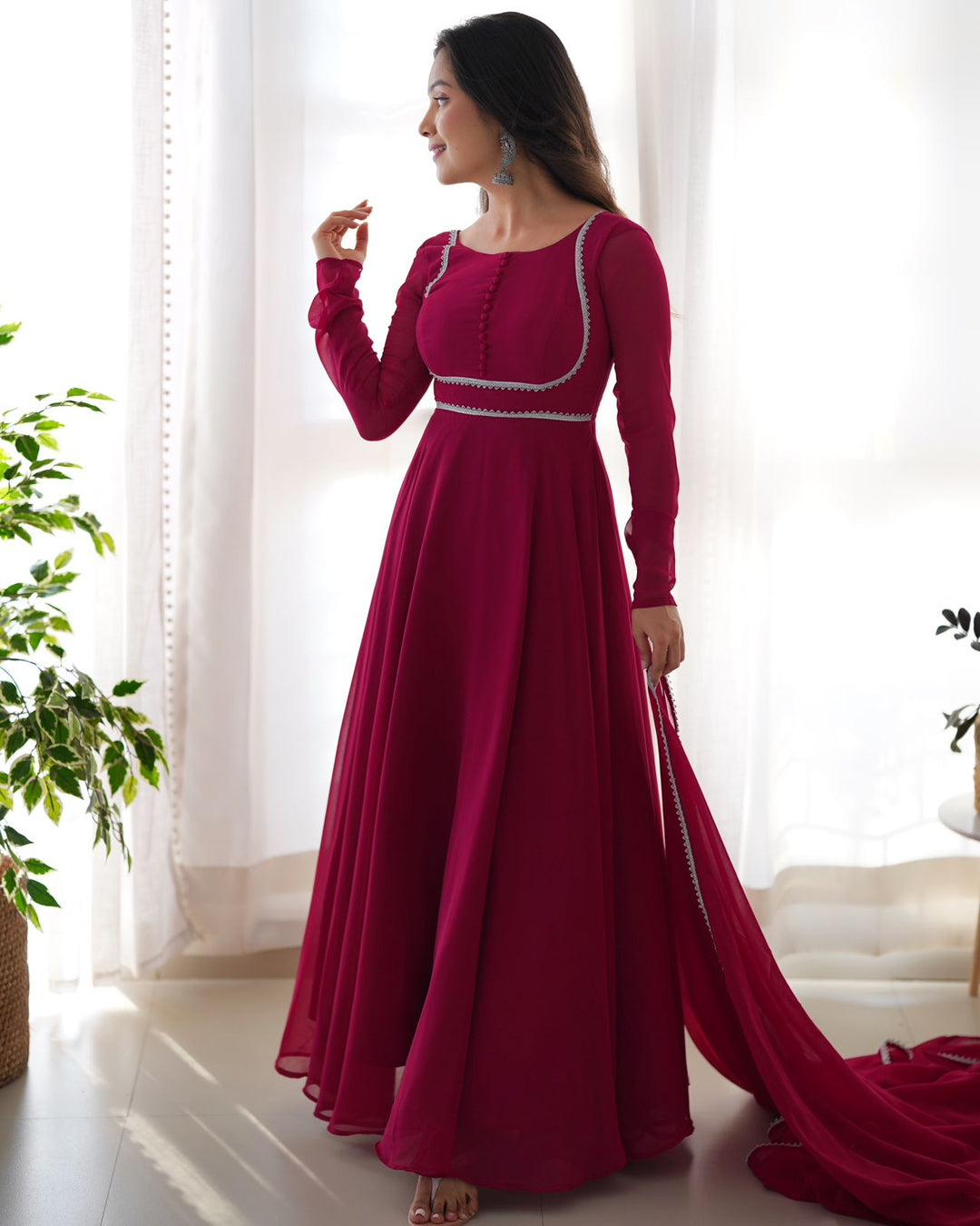 Georgette Anarkali Fluorescent Pink Gown