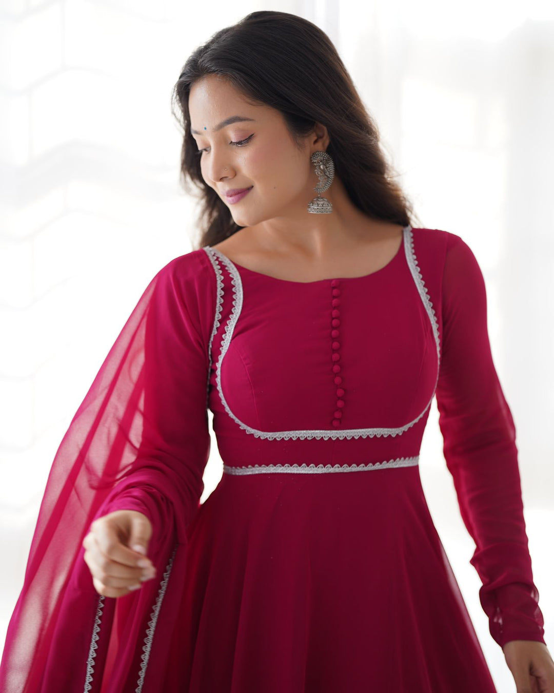 Georgette Anarkali Fluorescent Pink Gown