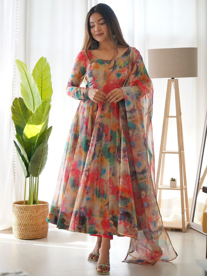 Multi Stains Digital Printed Pure Organza Anarkali Gown