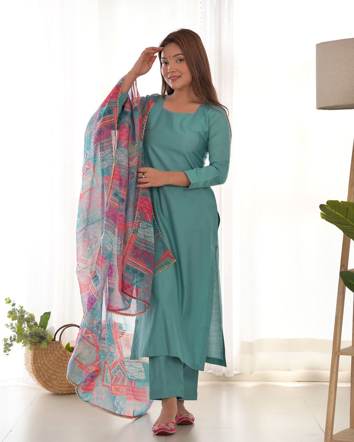 Sea Green Viscose Straight Kurta Set