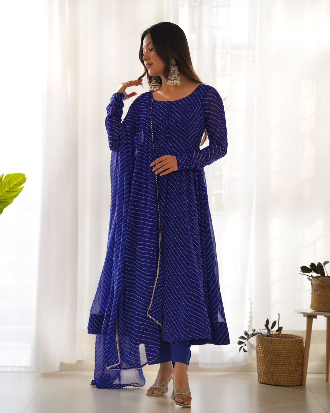 Royal Blue Georgette Printed Anarkali Dress With Pant & Dupatta