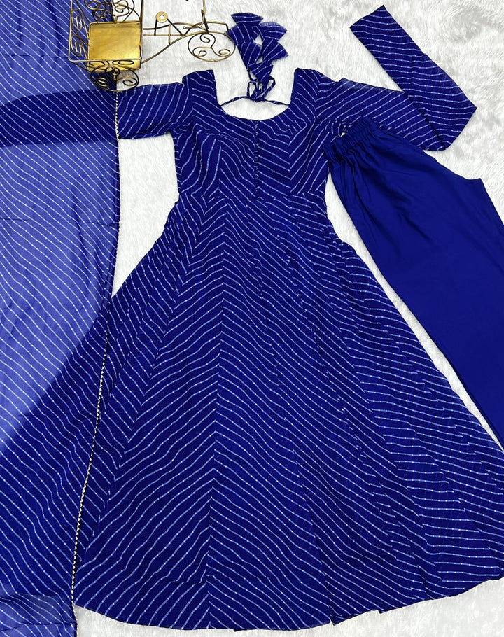 Royal Blue Georgette Printed Anarkali Dress With Pant & Dupatta