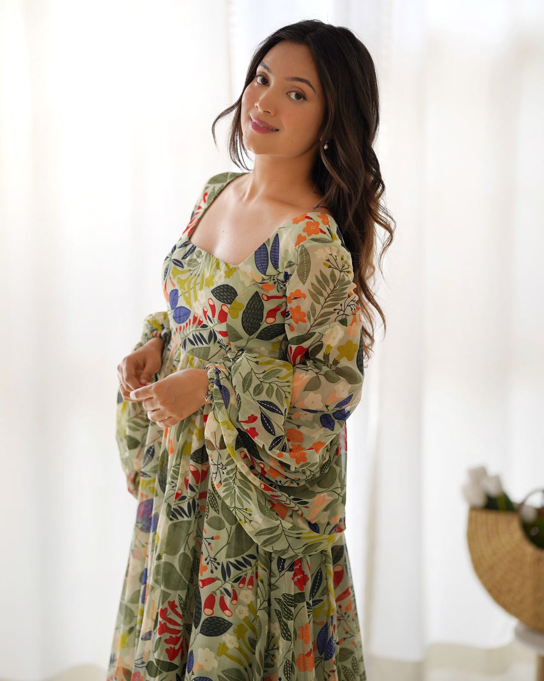 Floral Print Green Gown