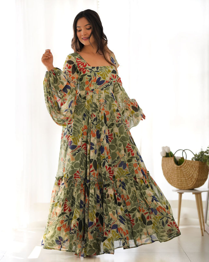 Floral Print Green Gown