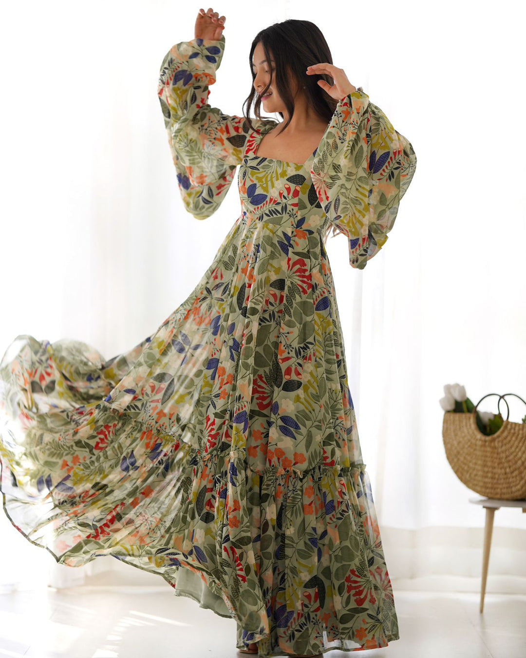 Floral Print Green Gown