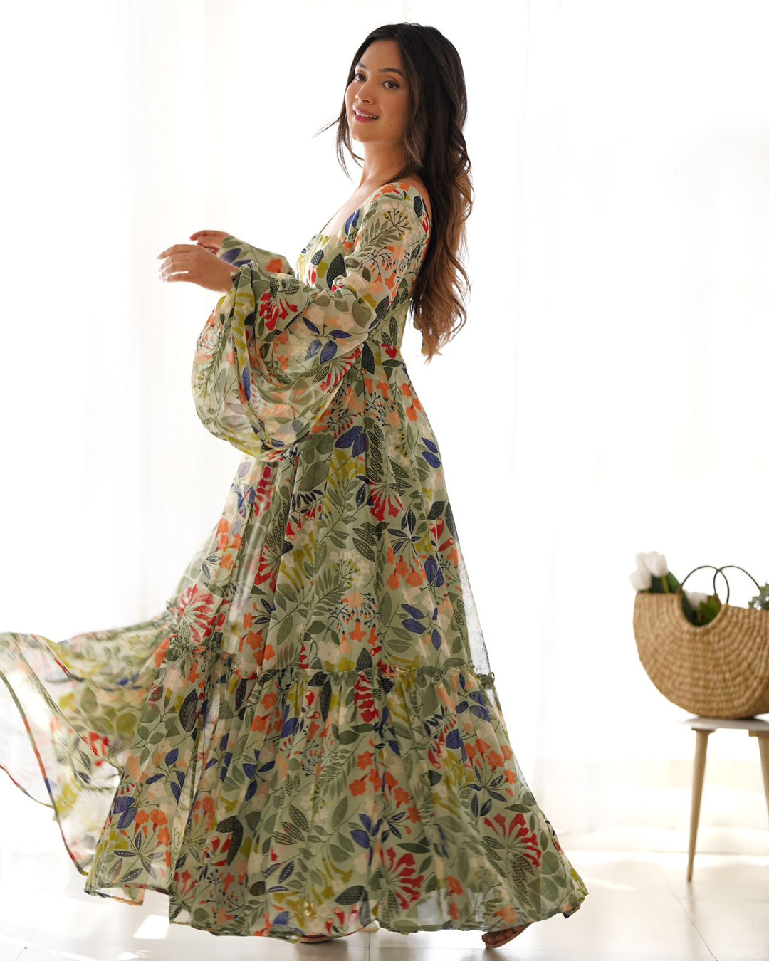 Floral Print Green Gown