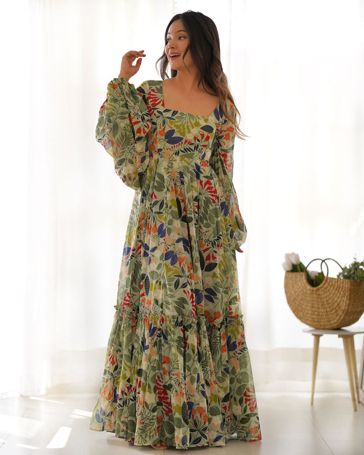 Floral Print Green Gown