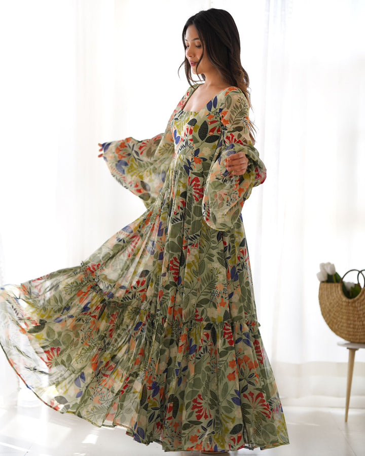 Floral Print Green Gown