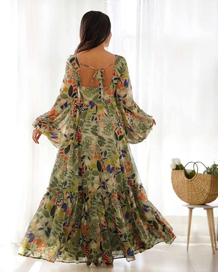 Floral Print Green Gown