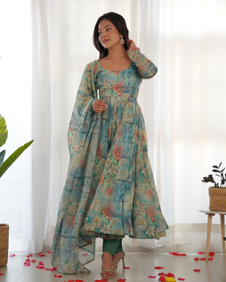 Aquatic Blue Digital Floral Printed Soft Organza Anarkali Gown