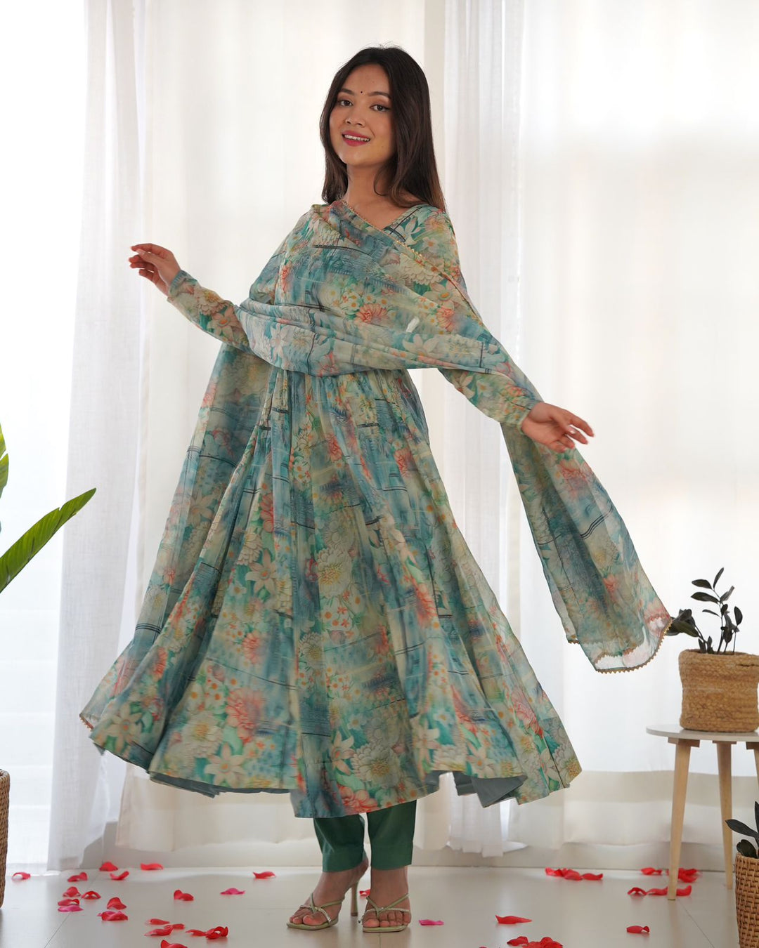 Aquatic Blue Digital Floral Printed Soft Organza Anarkali Gown