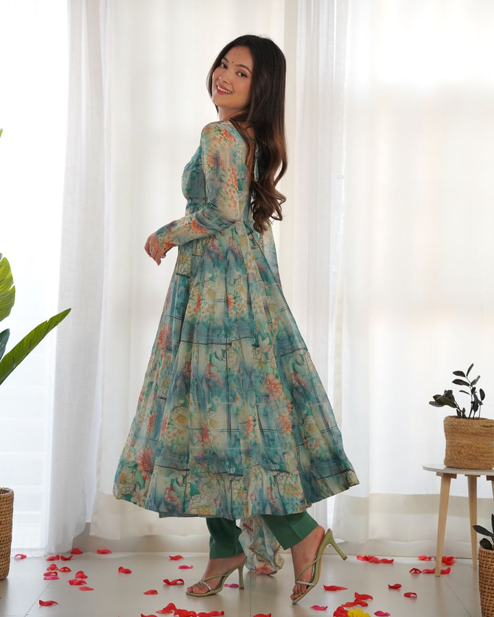 Aquatic Blue Digital Floral Printed Soft Organza Anarkali Gown