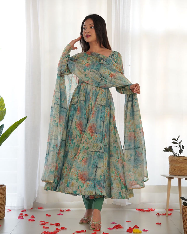 Aquatic Blue Digital Floral Printed Soft Organza Anarkali Gown