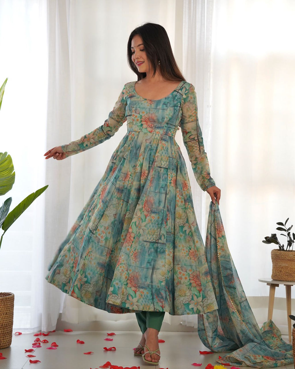 Aquatic Blue Digital Floral Printed Soft Organza Anarkali Gown