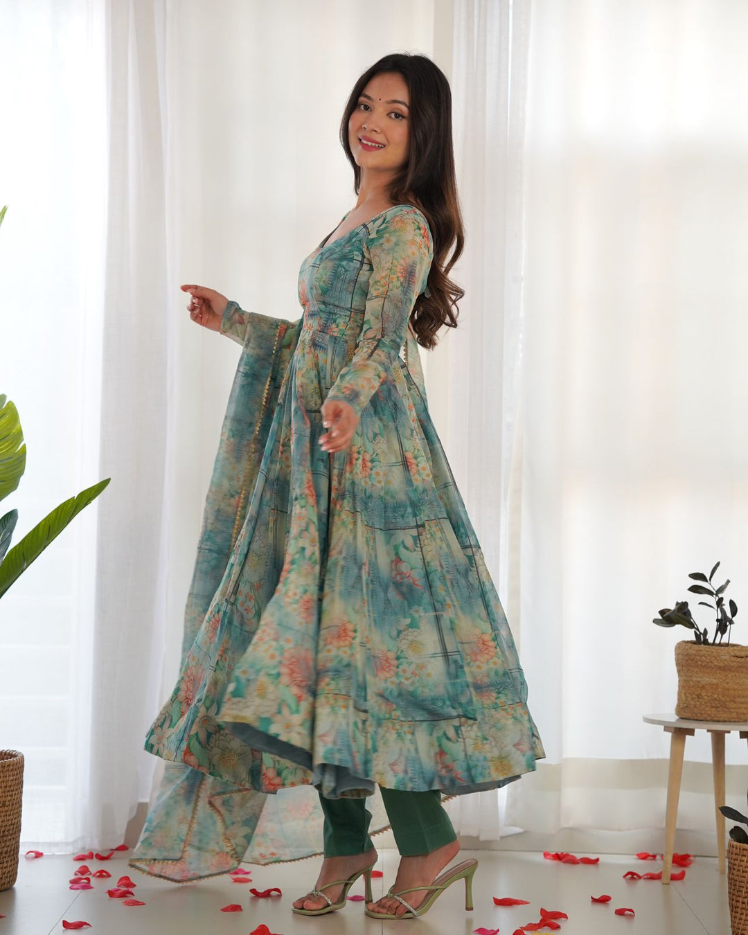 Aquatic Blue Digital Floral Printed Soft Organza Anarkali Gown