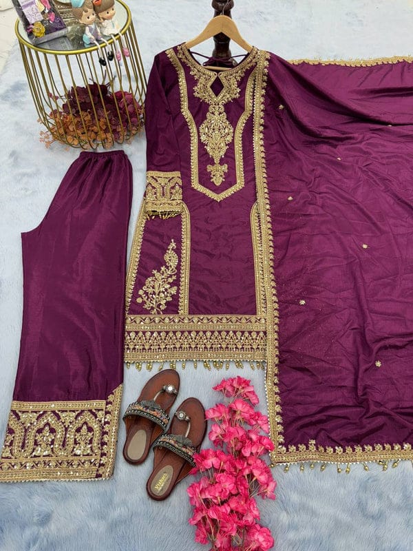 Heavy Chinon Silk with Embroidery Work Suit