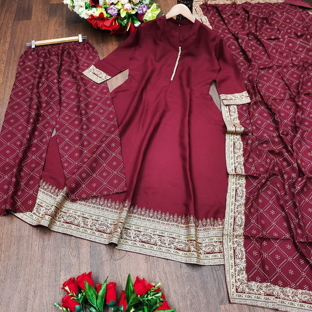 3 Pc Heavy Printed Anarkali Kurti And Full Printed Palazzo And Dupatta