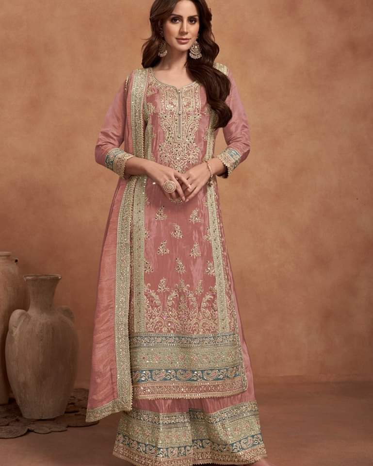 Designer Embroidered Fancy Chinnon Silk Party Wear Suit