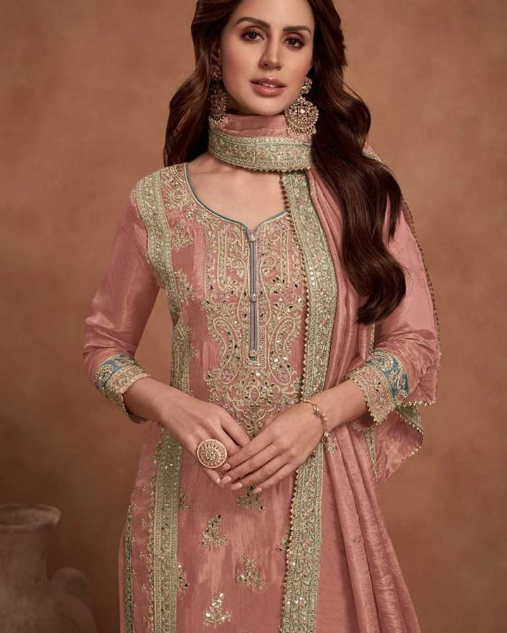 Designer Embroidered Fancy Chinnon Silk Party Wear Suit