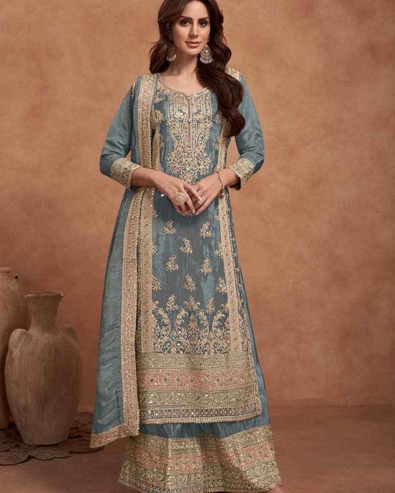 Designer Embroidered Fancy Chinnon Silk Party Wear Suit