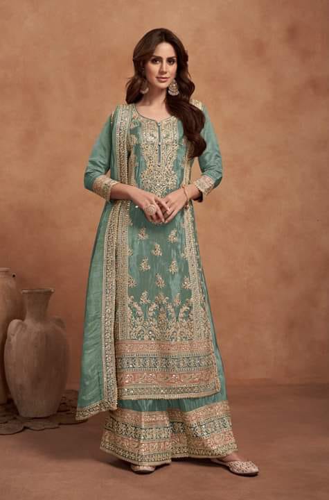 Designer Embroidered Fancy Chinnon Silk Party Wear Suit