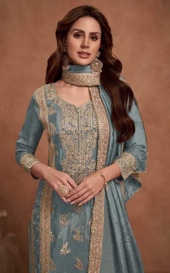 Designer Embroidered Fancy Chinnon Silk Party Wear Suit